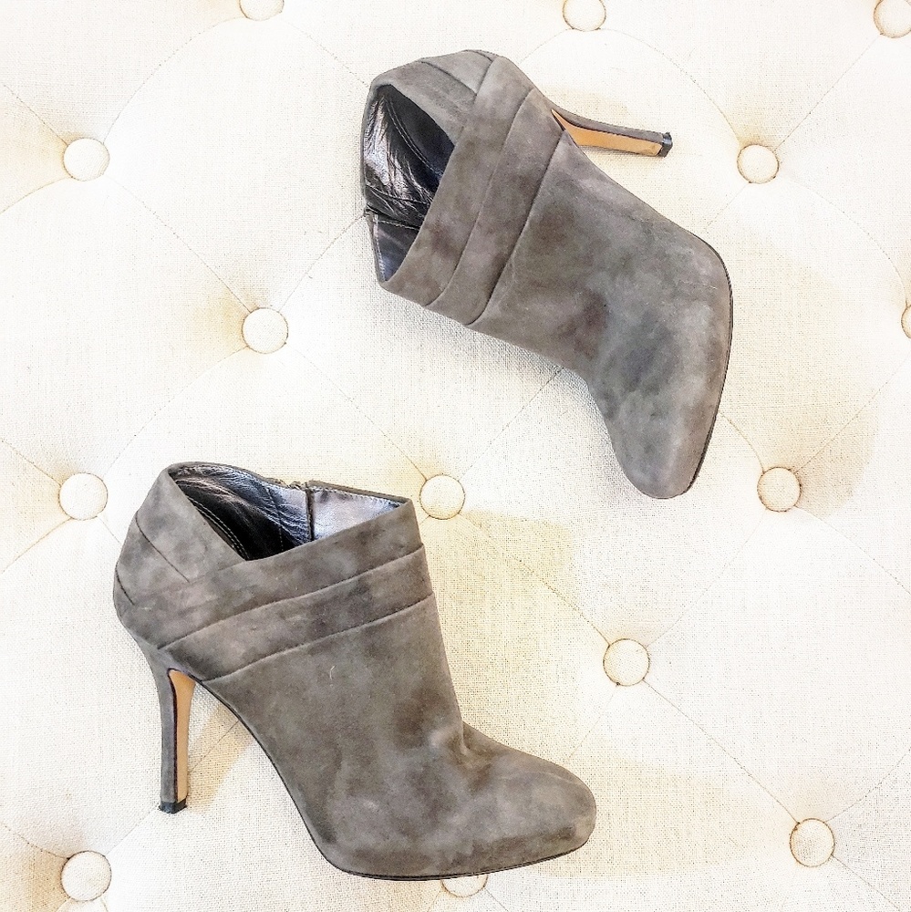 Gray suede high heel booties